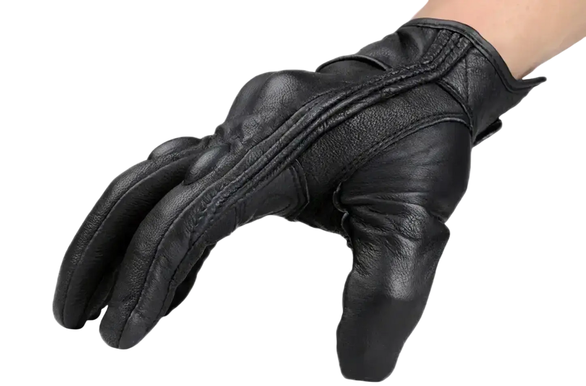 Black leather motorcycle glove with carbon knuckle protection and reinforced stitching for riding gear use