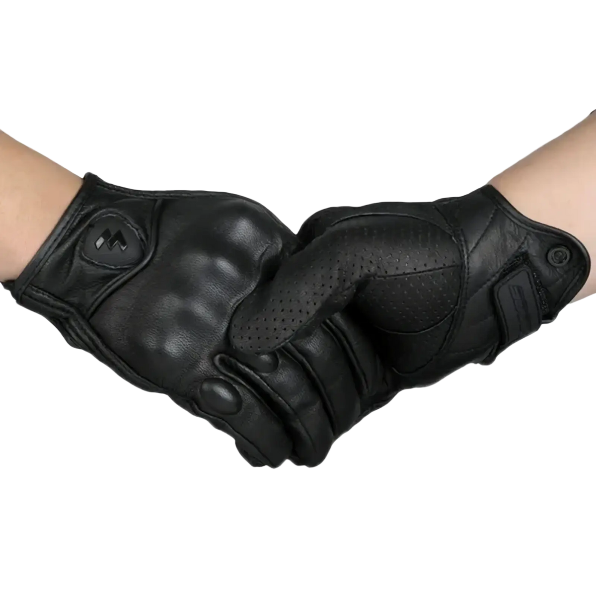 Black leather motorcycle gloves with perforated padding and reinforced stitching for carbon knuckle riding gear view of back side