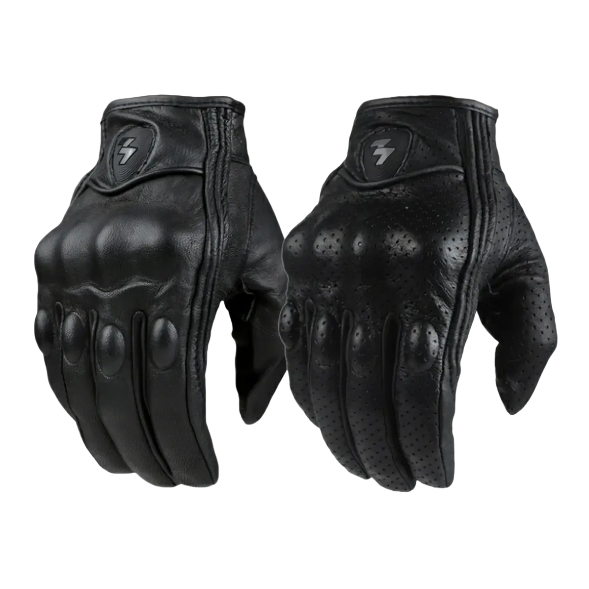 Black leather motorcycle gloves with carbon knuckle protection, reinforced padding, and perforated ventilation on the back side