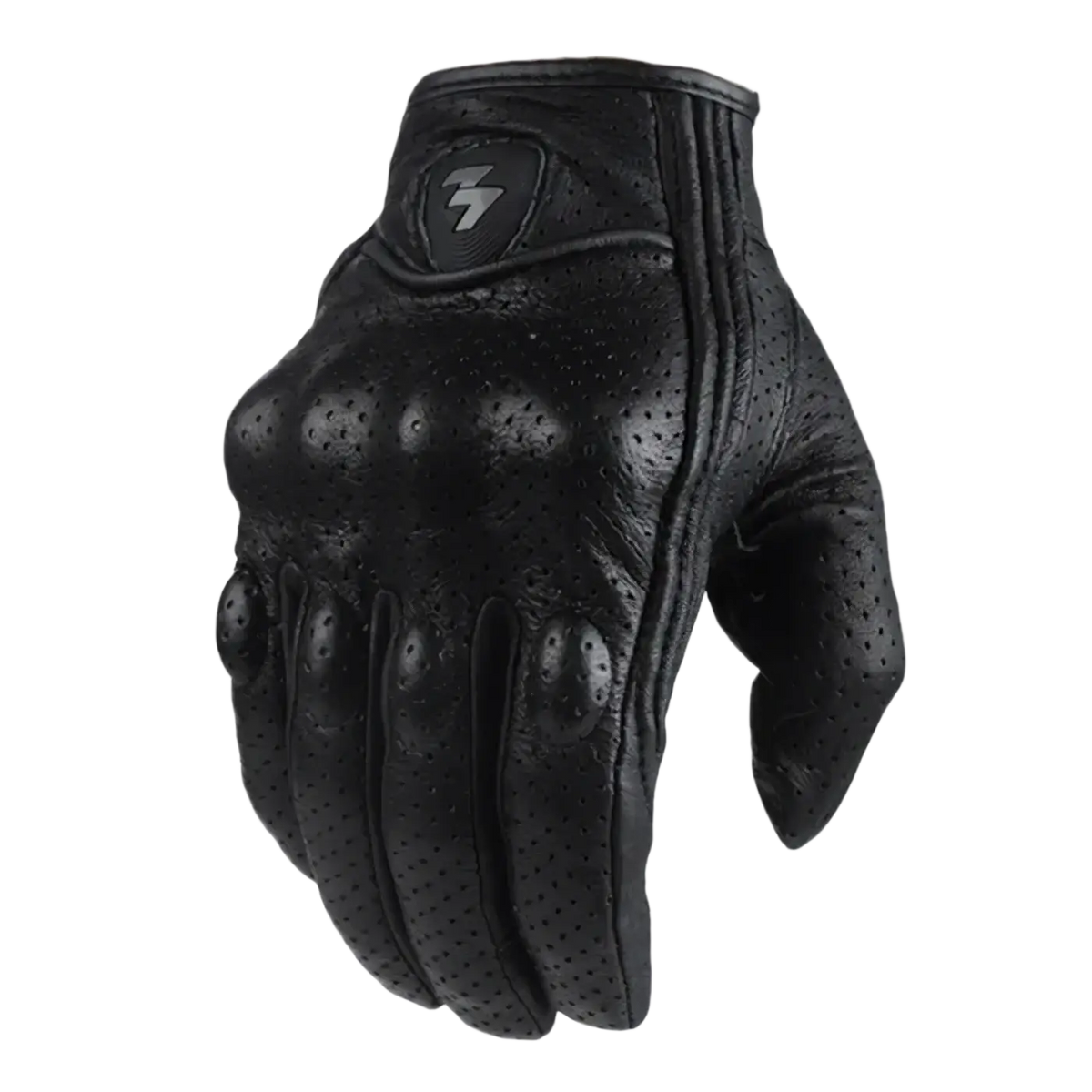 Black leather motorcycle glove with perforated palm and fingers and subtle lightning bolt logo on wrist for riding gear