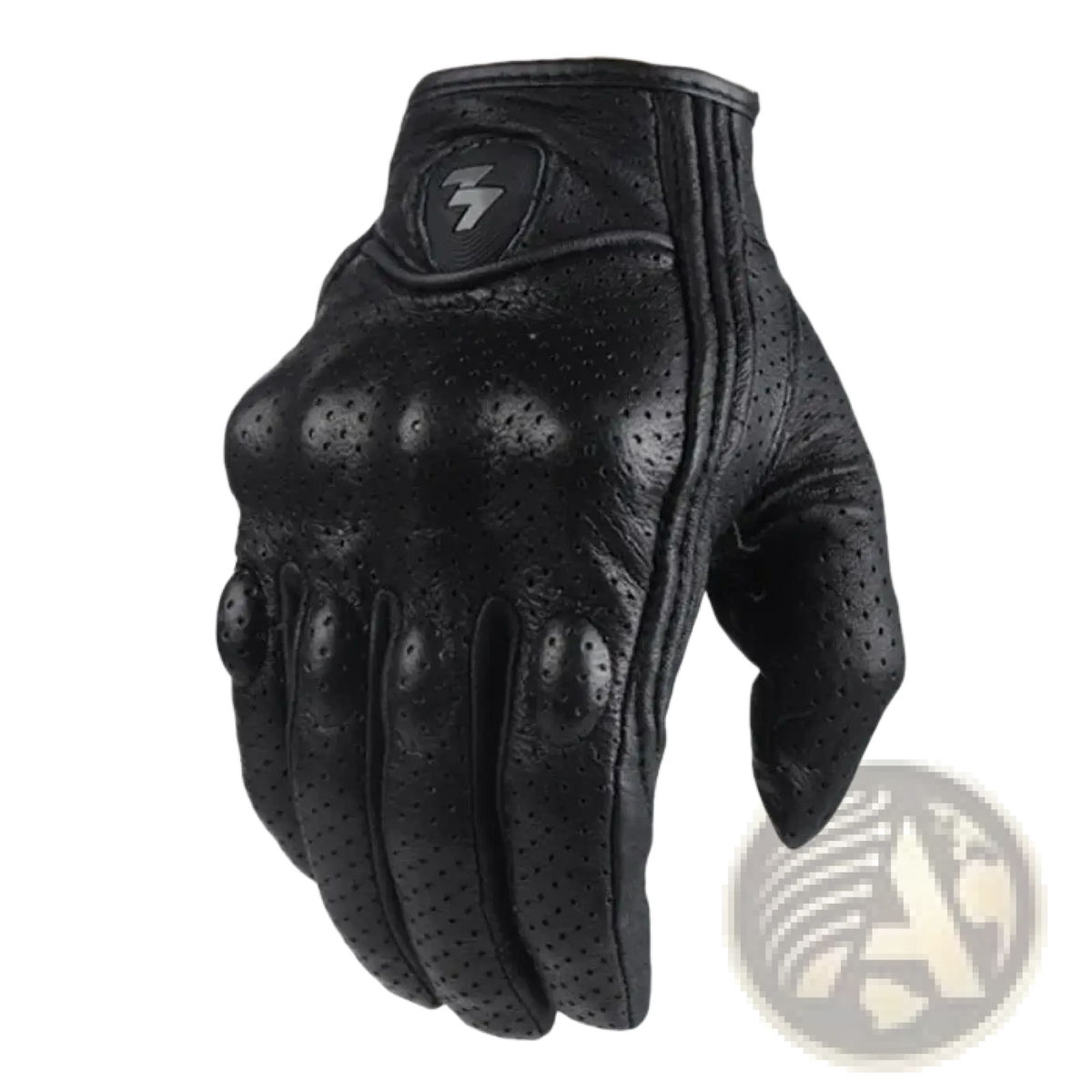 Black leather motorcycle glove with perforated palm and fingers and subtle lightning bolt logo on wrist for riding gear