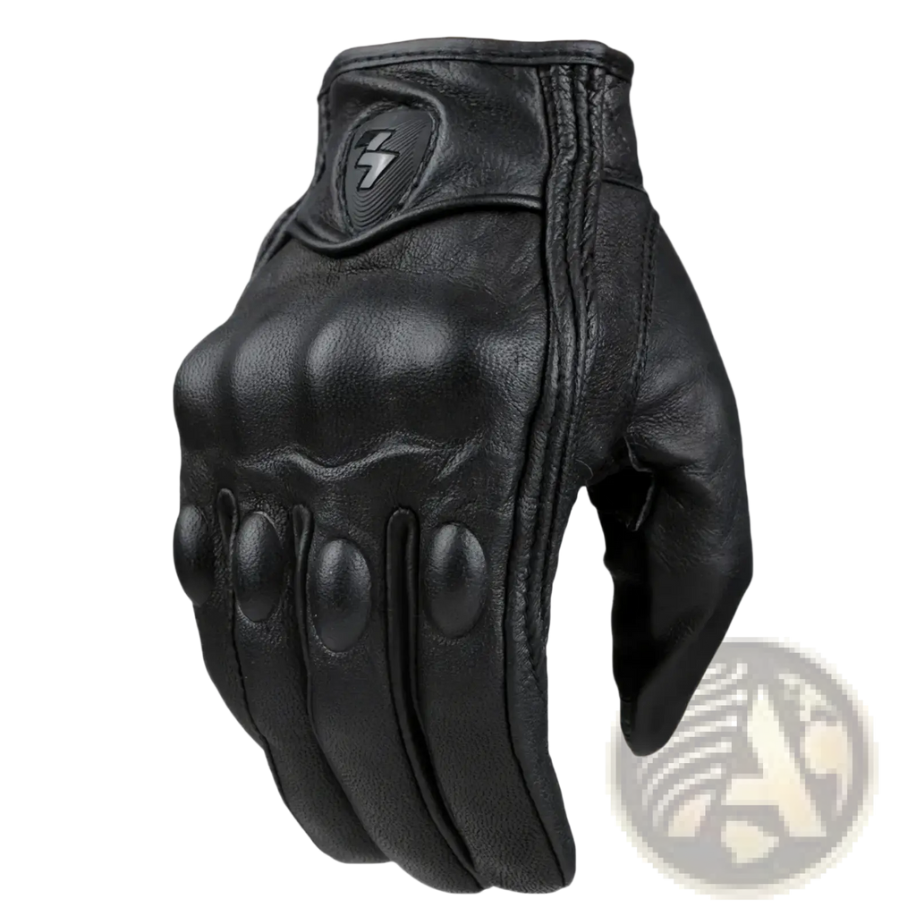 Black leather motorcycle glove back side with carbon knuckle padding and lightning bolt logo for riding gear