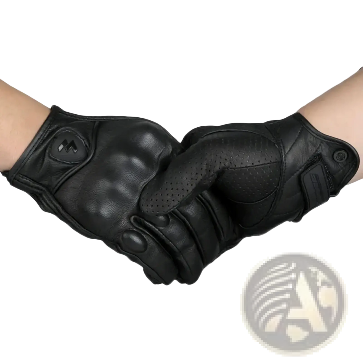 Black leather motorcycle gloves with perforated padding and reinforced stitching for carbon knuckle riding gear view of back side