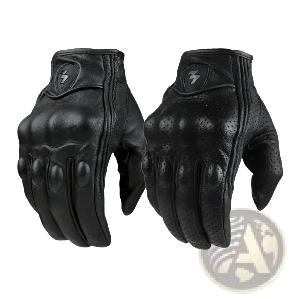 Black leather motorcycle gloves with carbon knuckle protection, reinforced padding, and perforated ventilation on the back side