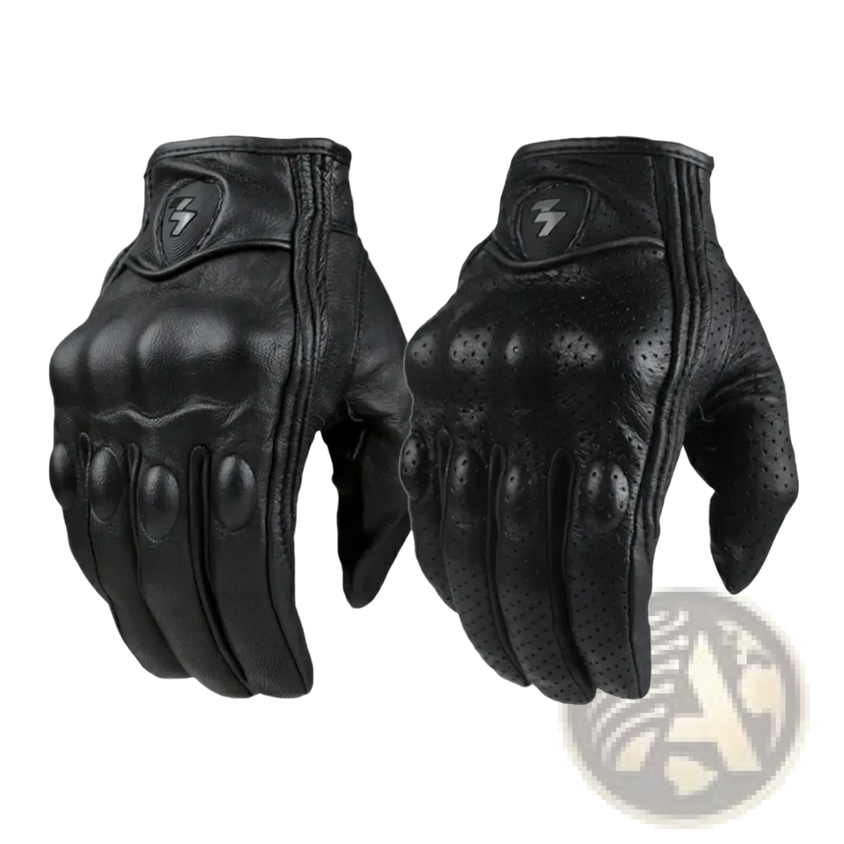 Black leather motorcycle gloves with carbon knuckle protection, reinforced padding, and perforated ventilation on the back side