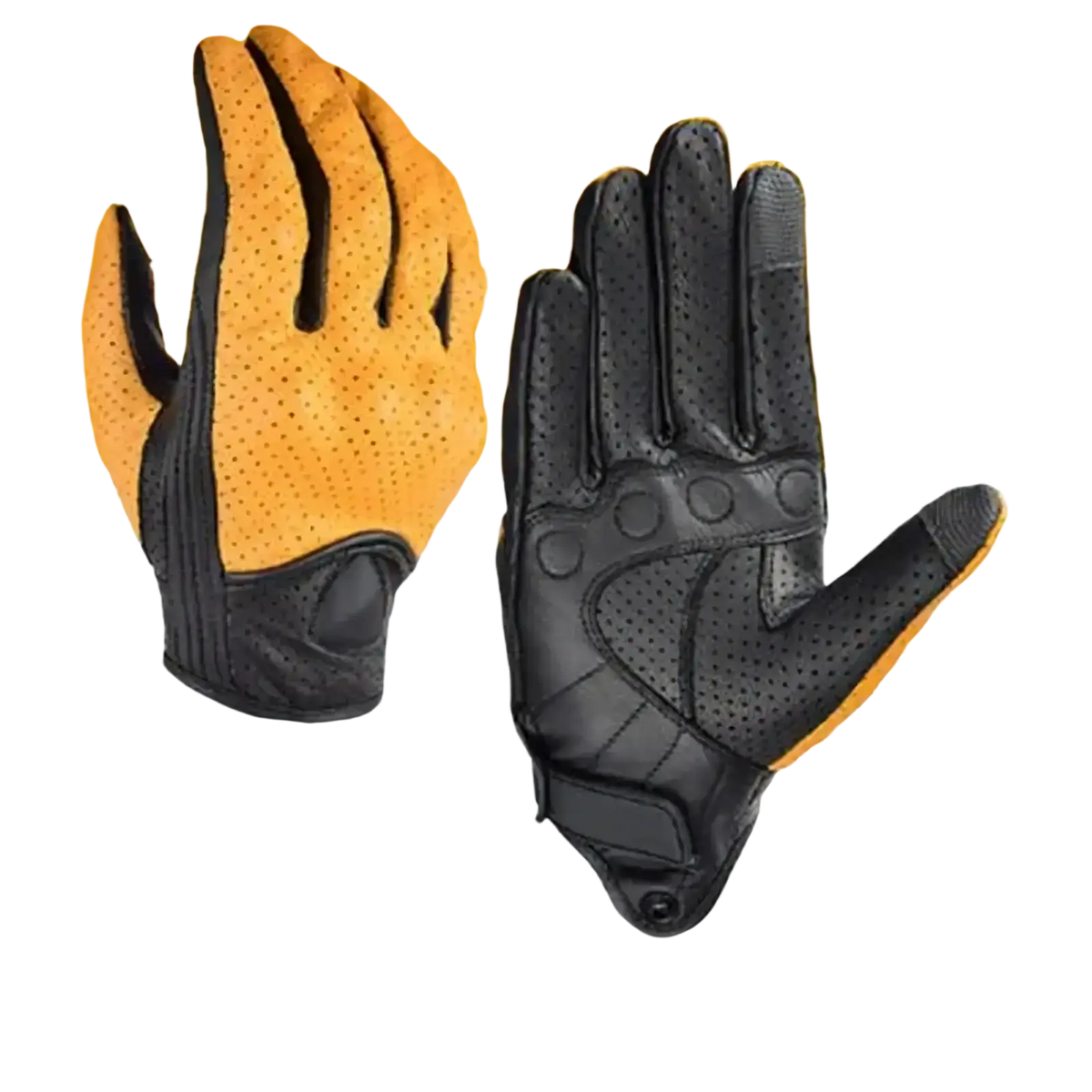 Black and yellow leather motorcycle gloves with carbon knuckle protection and reinforced palm padding for riding gear