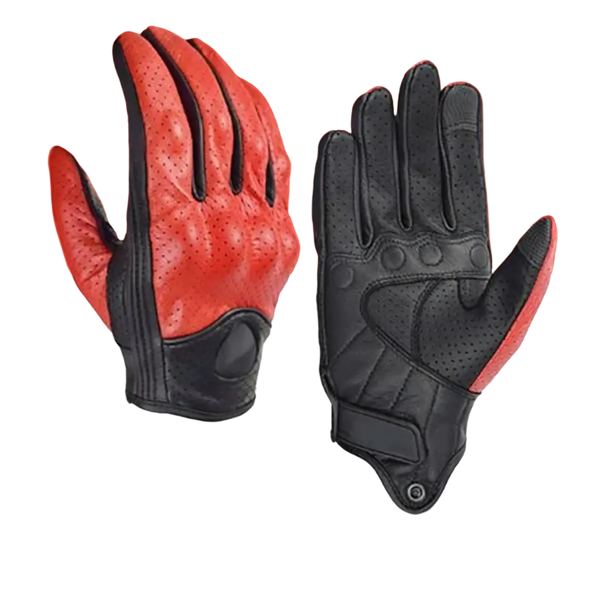 Red and black perforated leather motorcycle gloves with carbon knuckle protection and padded wrist strap for riding gear