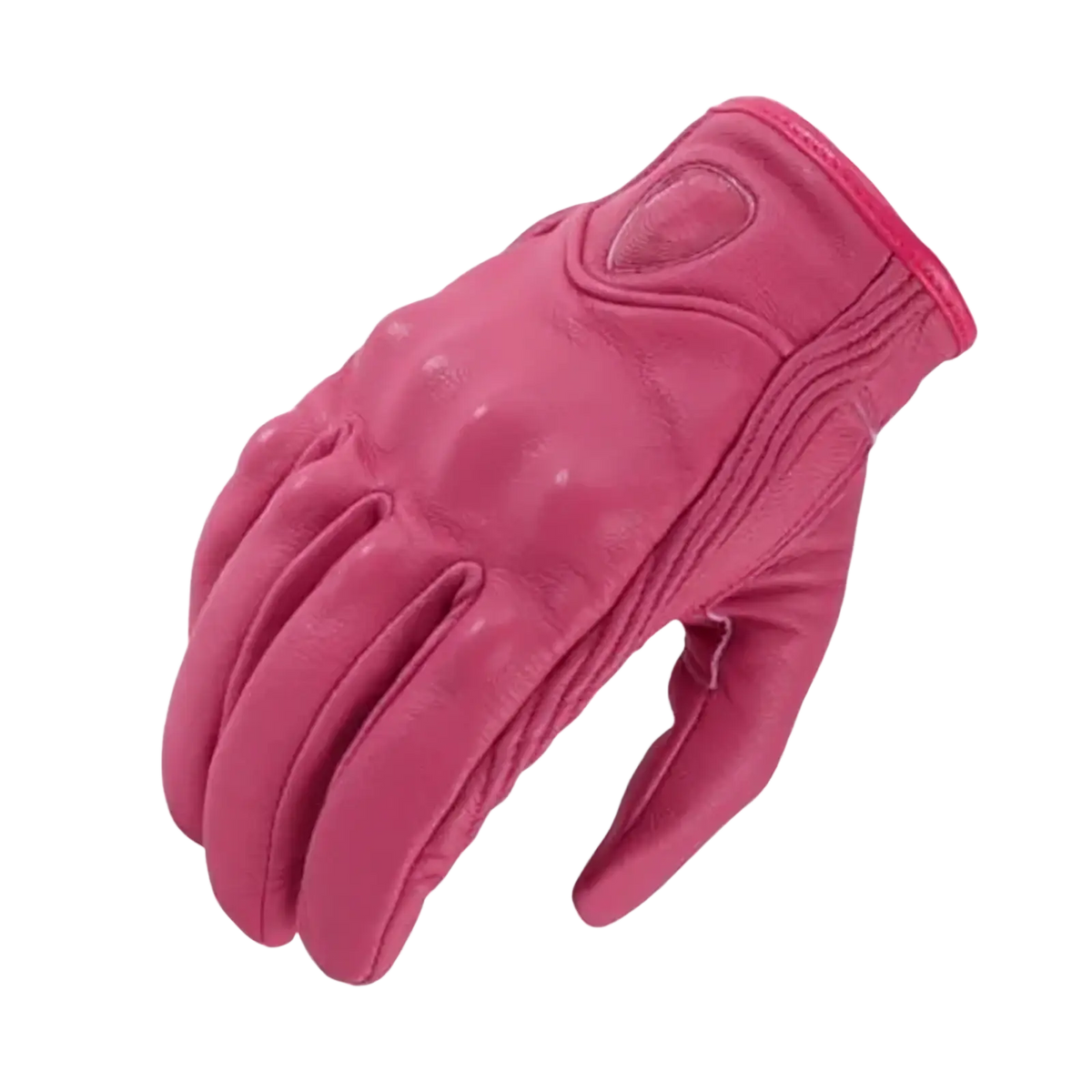 A vibrant pink leather motorcycle glove with carbon knuckle protection and reinforced stitching on the back side
