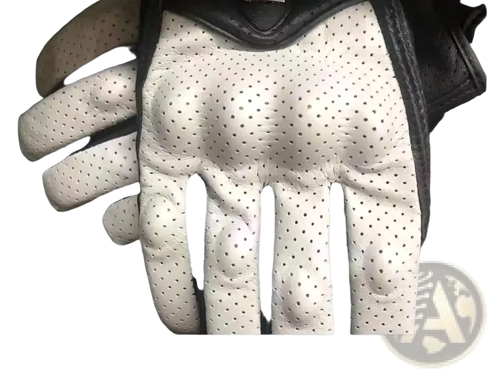 White perforated leather motorcycle glove with black reinforced stitching and padded carbon knuckles back side view