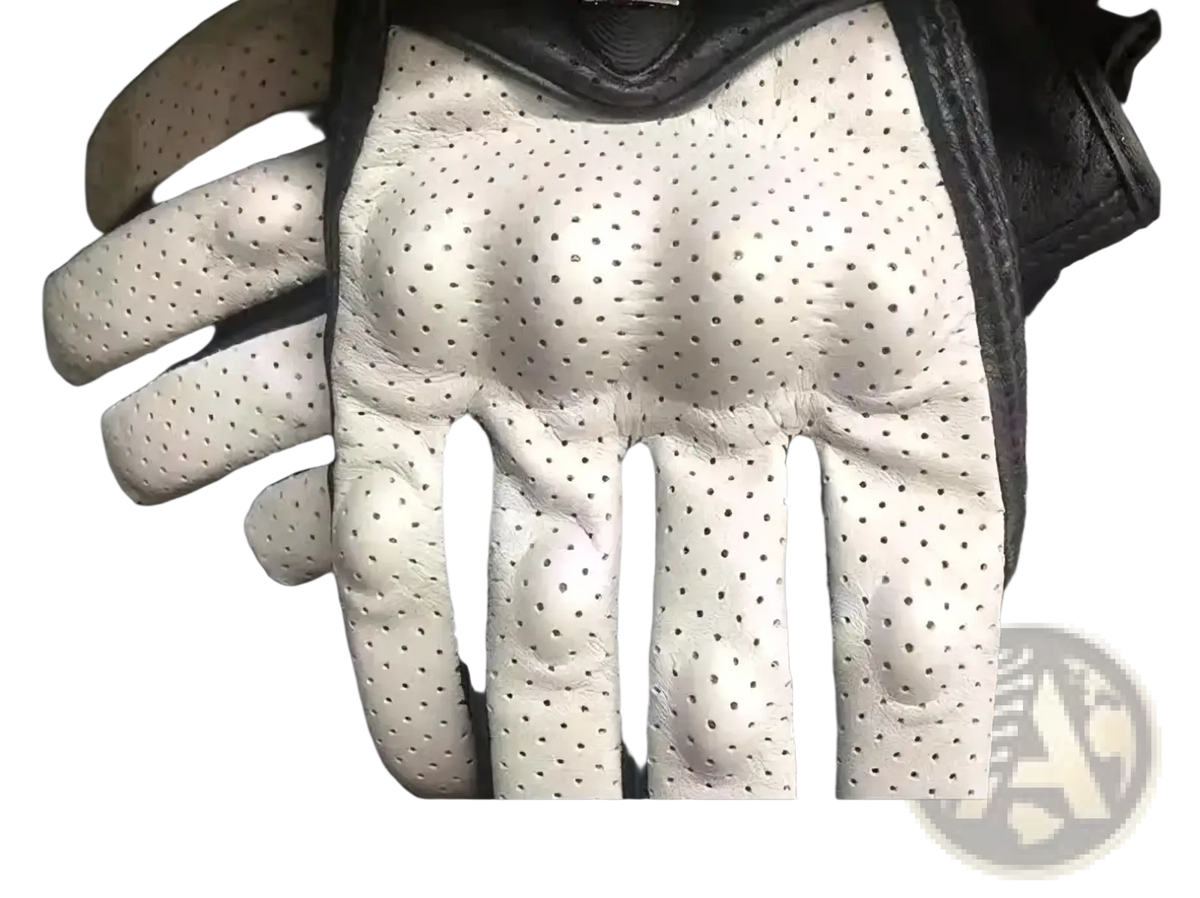 White perforated leather motorcycle glove with black reinforced stitching and padded carbon knuckles back side view