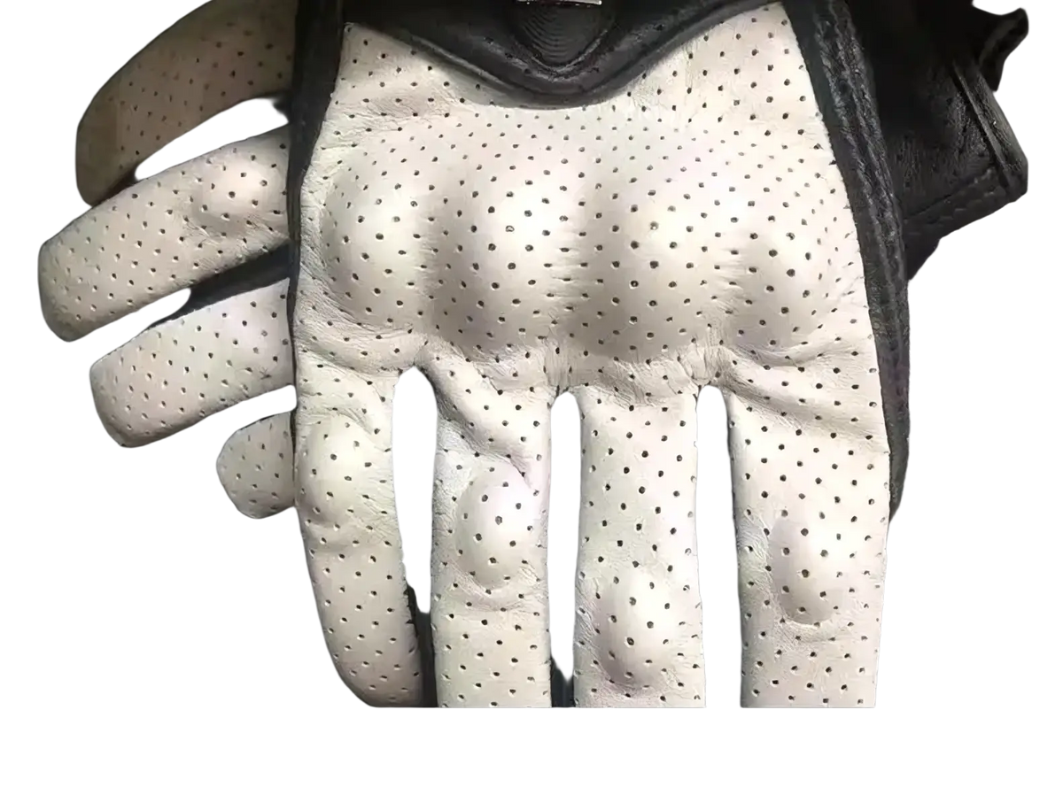 White perforated leather motorcycle glove with black reinforced stitching and padded carbon knuckles back side view