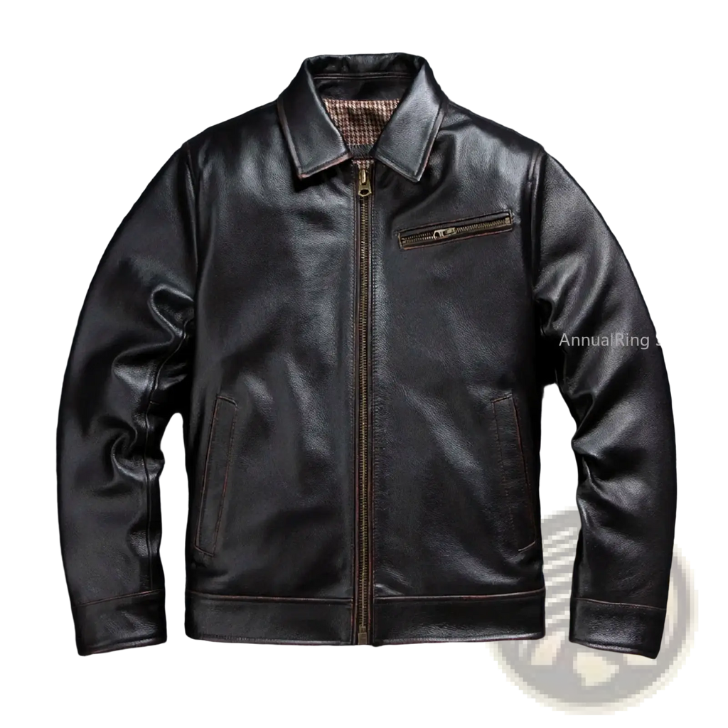 Black leather motorcycle jacket for men with classic collar cowhide tea core material front zipper and side pockets