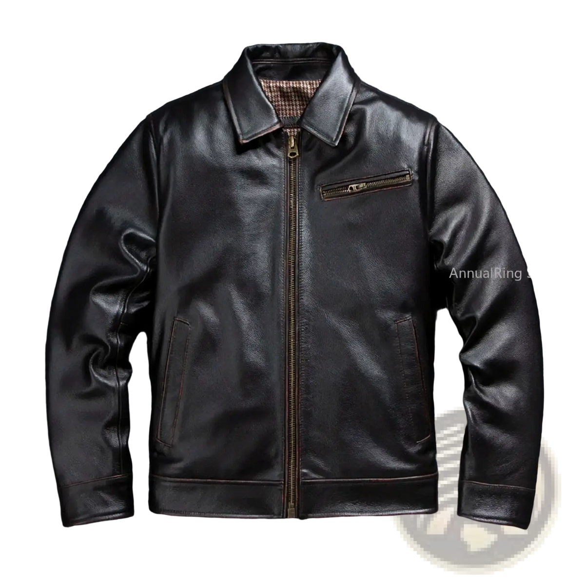 Black leather motorcycle jacket for men with classic collar cowhide tea core material front zipper and side pockets