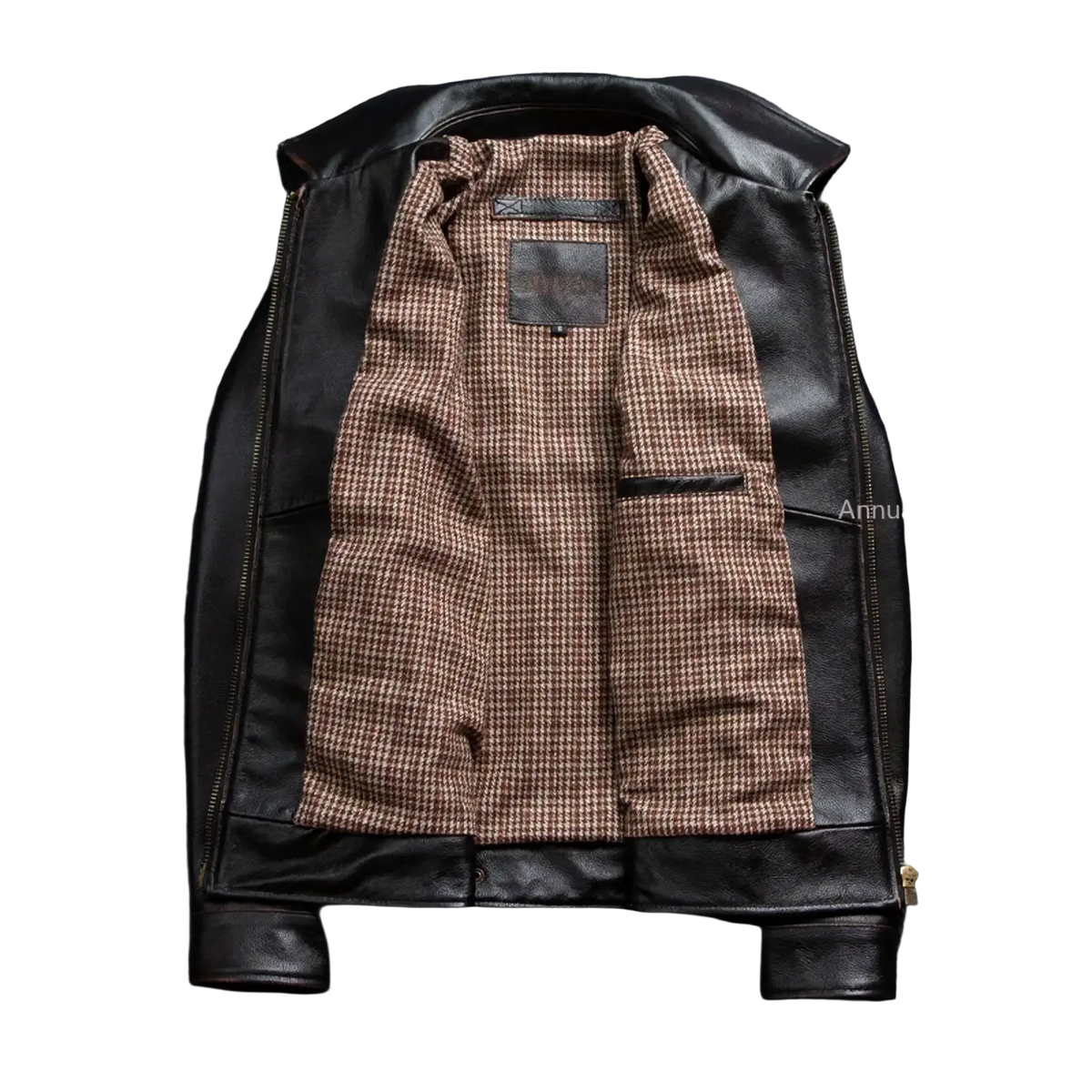 Black leather motorcycle jacket for men with cowhide material and brown beige houndstooth lining biker coat