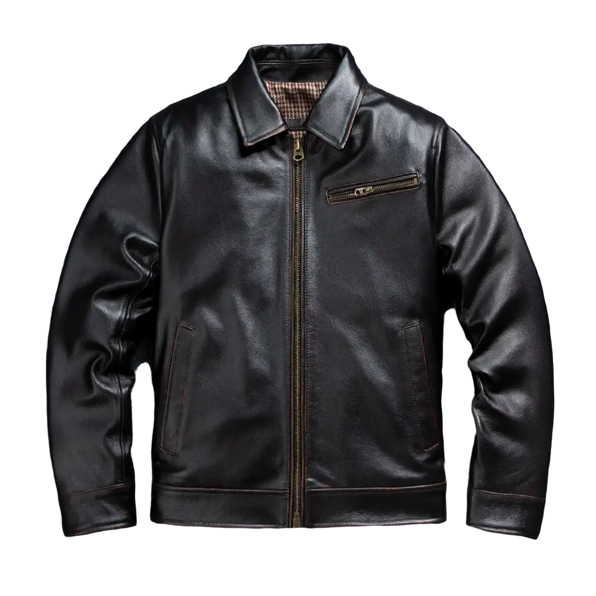 Black leather motorcycle jacket for men with classic collar front zipper and two side pockets in cowhide tea core