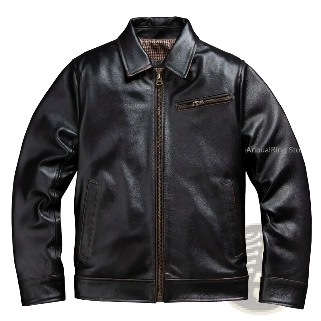 Black leather motorcycle jacket for men with classic collar, front zipper, and two side pockets in cowhide tea core