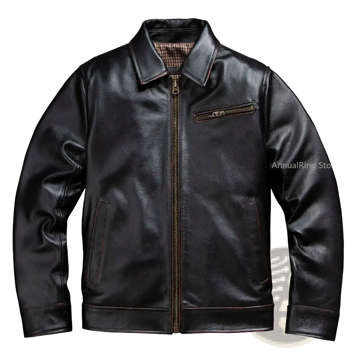 Black leather motorcycle jacket for men with classic collar, front zipper, and two side pockets in cowhide tea core