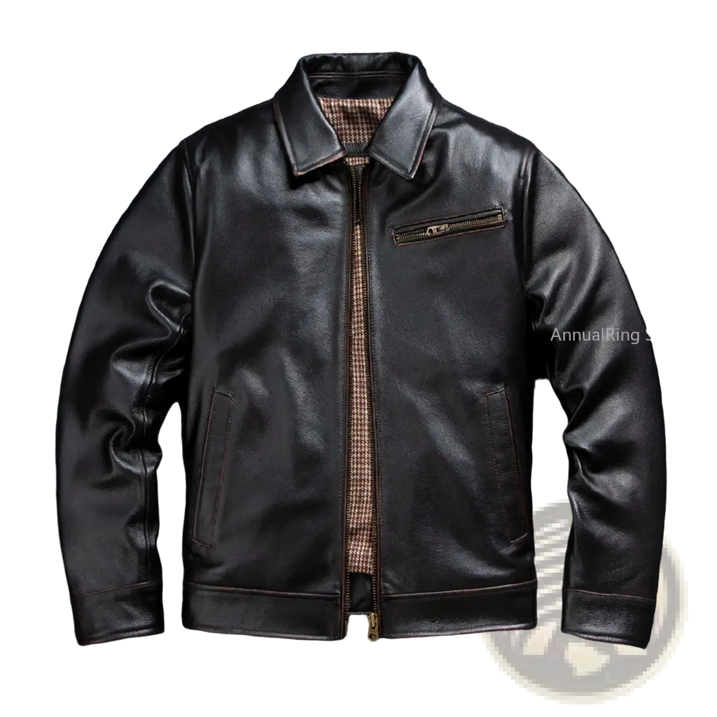 Black leather motorcycle jacket for men with classic collar, front zipper, subtle stitching, made of cowhide tea core