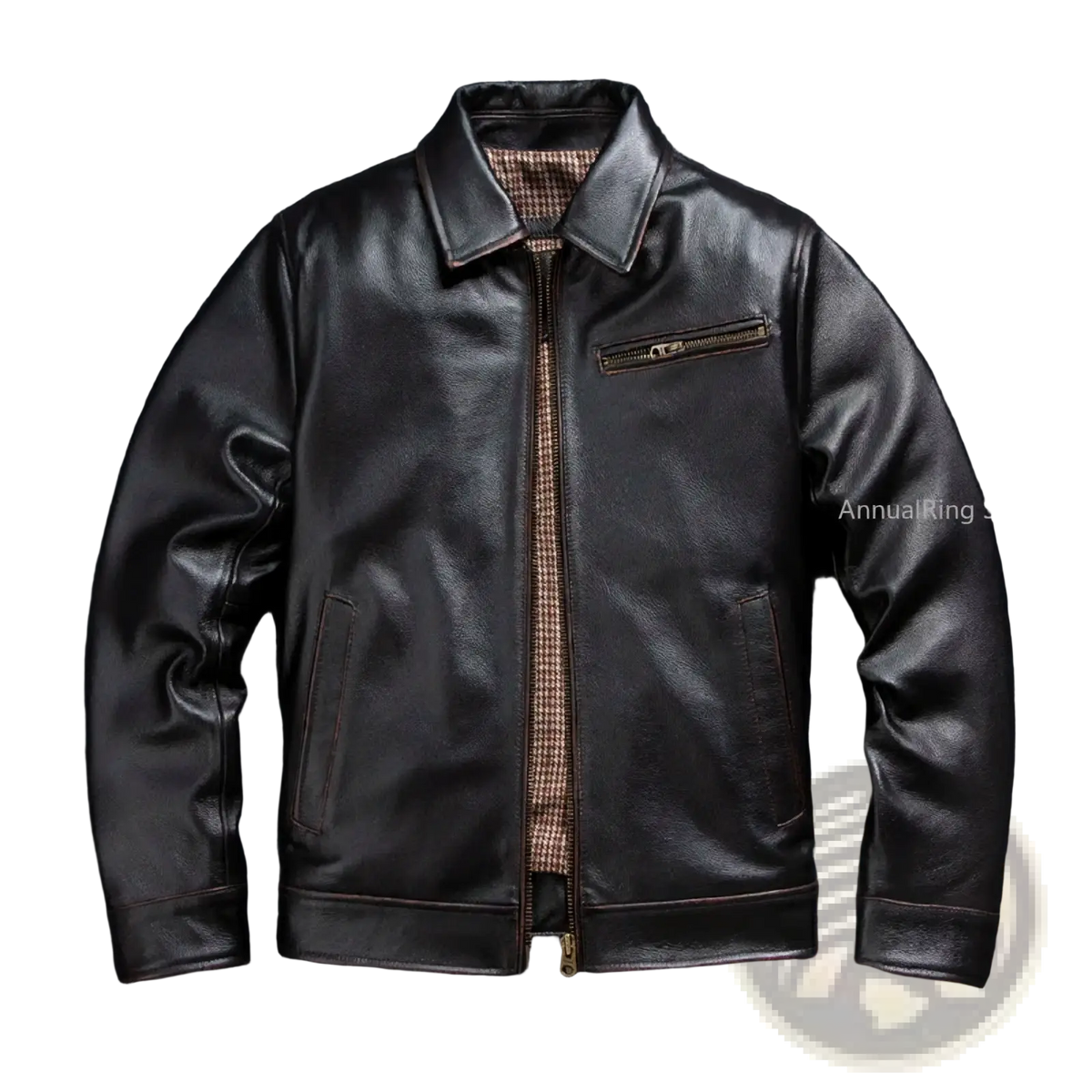 Black leather motorcycle jacket for men with classic collar, front zipper, subtle stitching, made of cowhide tea core