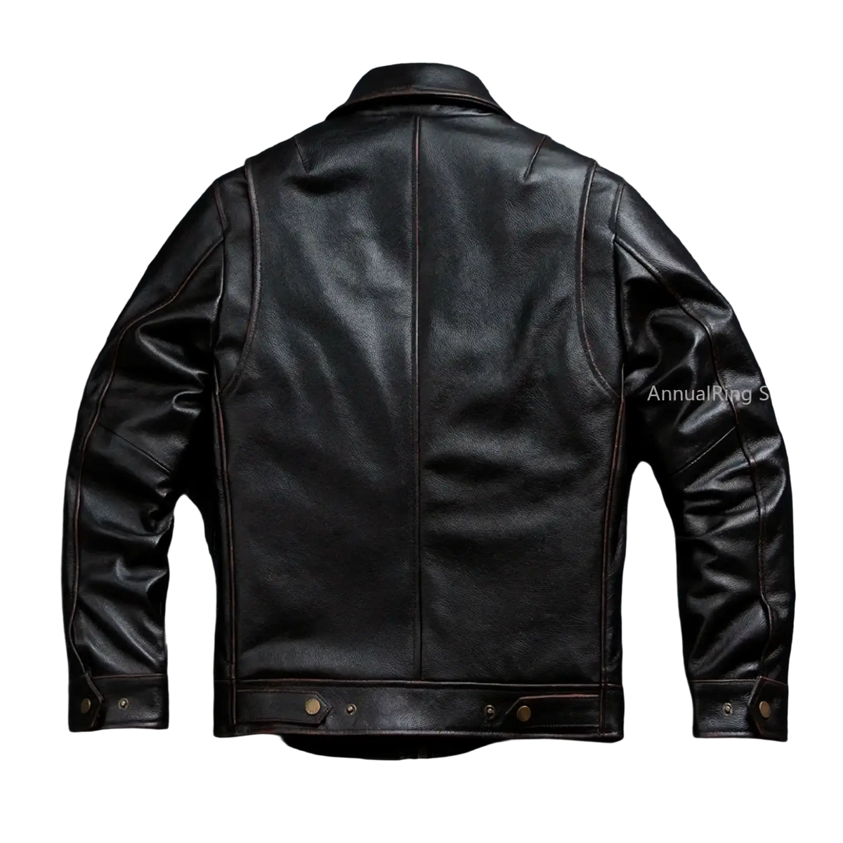 Black leather motorcycle jacket men cowhide tea core biker coat with subtle stitching and brass hardware