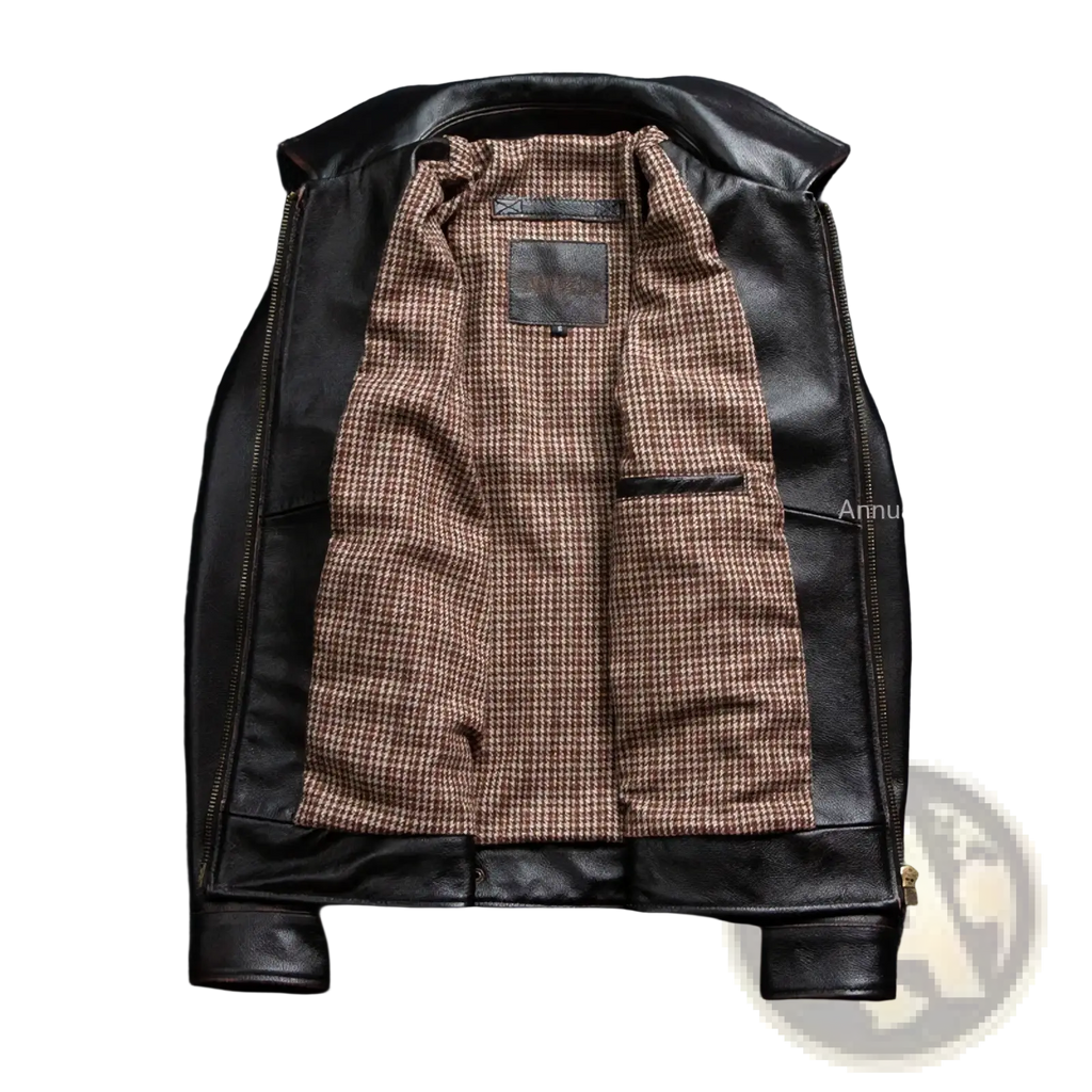 Black leather motorcycle jacket for men with cowhide material and brown beige houndstooth lining biker coat