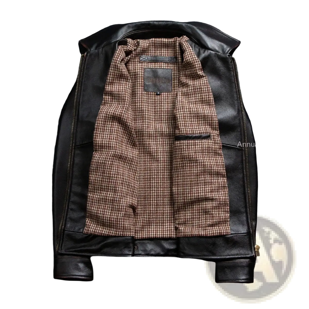 Black leather motorcycle jacket for men with cowhide material and brown beige houndstooth lining biker coat