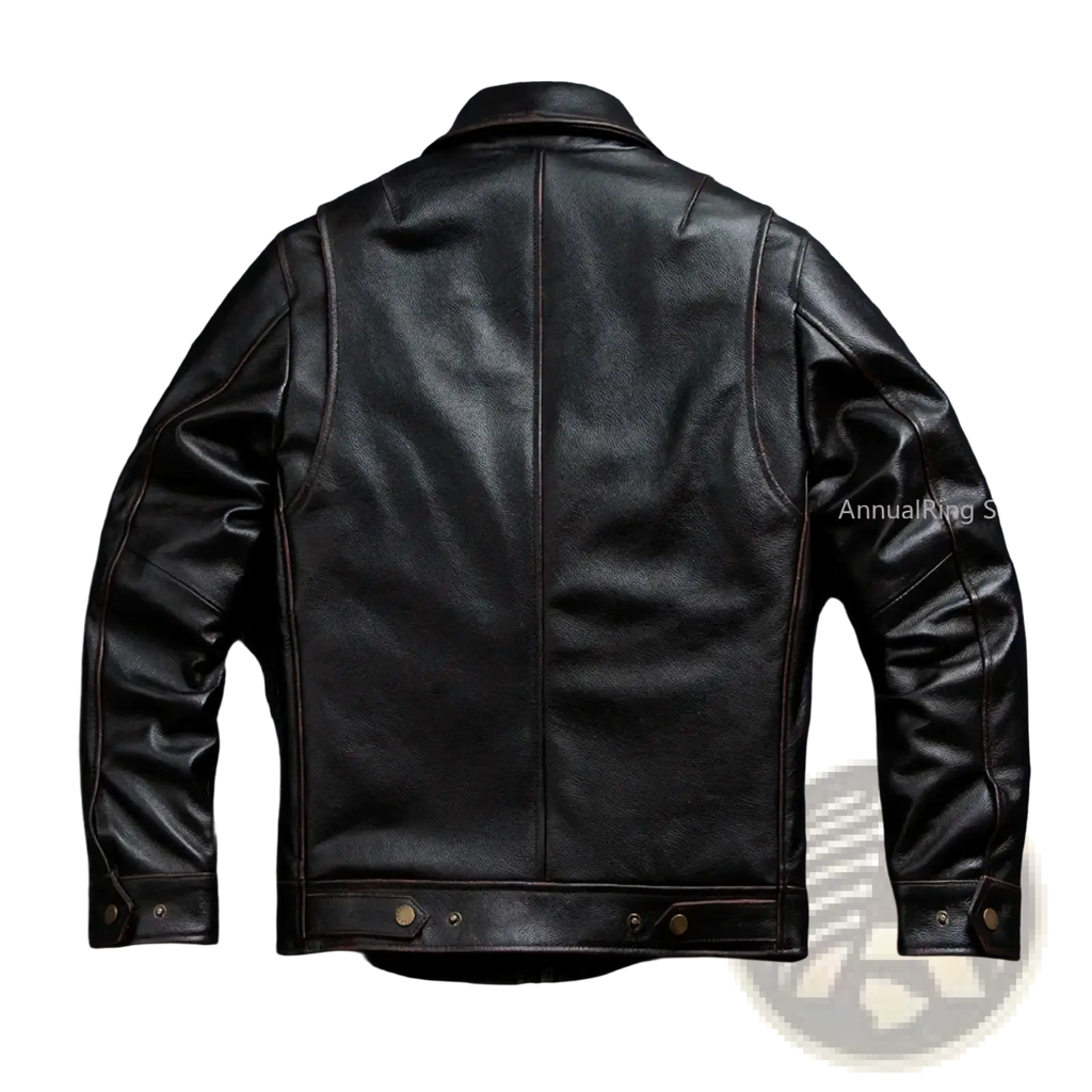 Black leather motorcycle jacket men cowhide tea core biker coat with subtle stitching and brass hardware