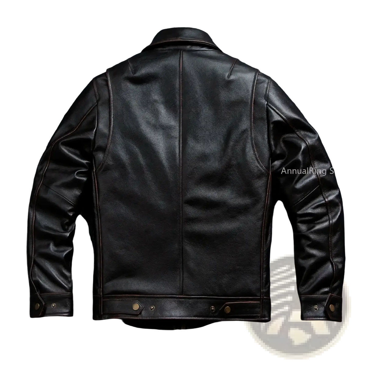 Black leather motorcycle jacket men cowhide tea core biker coat with subtle stitching and brass hardware