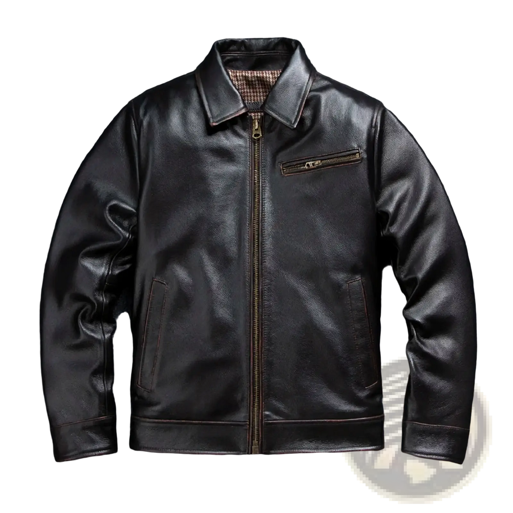 Black leather motorcycle jacket for men with classic collar front zipper and two side pockets in cowhide tea core