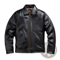 Black leather motorcycle jacket for men with classic collar front zipper and two side pockets in cowhide tea core