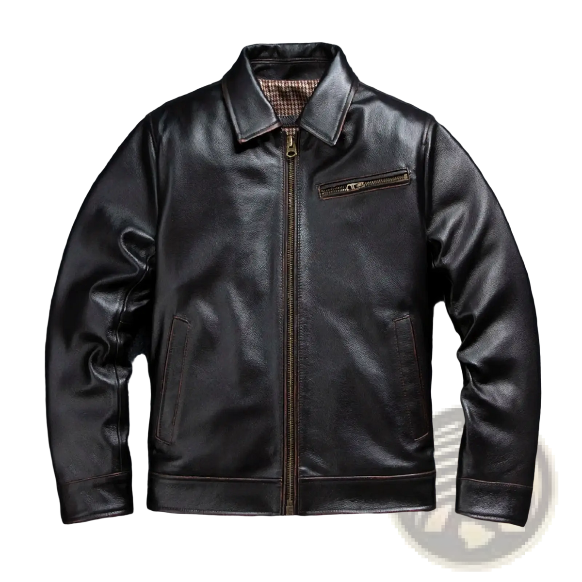 Black leather motorcycle jacket for men with classic collar front zipper and two side pockets in cowhide tea core