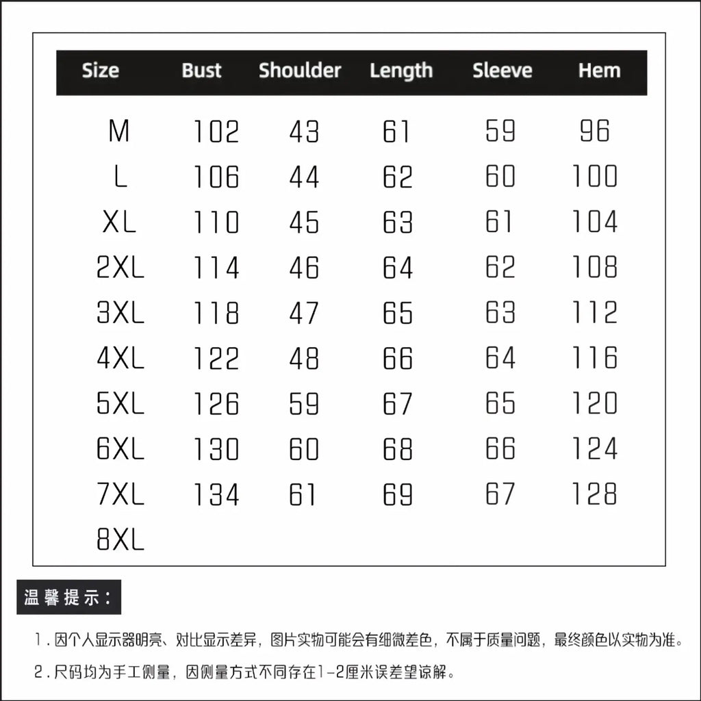 Size chart in centimeters for leather motorcycle jacket men cowhide tea core biker coat from size m to 8xl