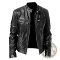 Black leather slim fit motorcycle jacket with silver zippers and snap buttons for stylish biker wear