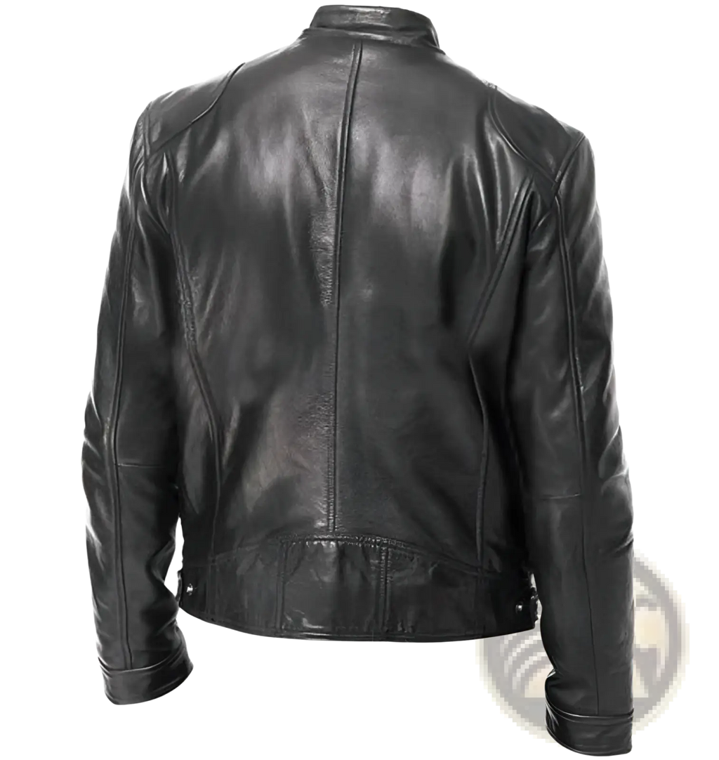 Black leather motorcycle jacket slim fit with sleek classic design and visible stitching along the seams