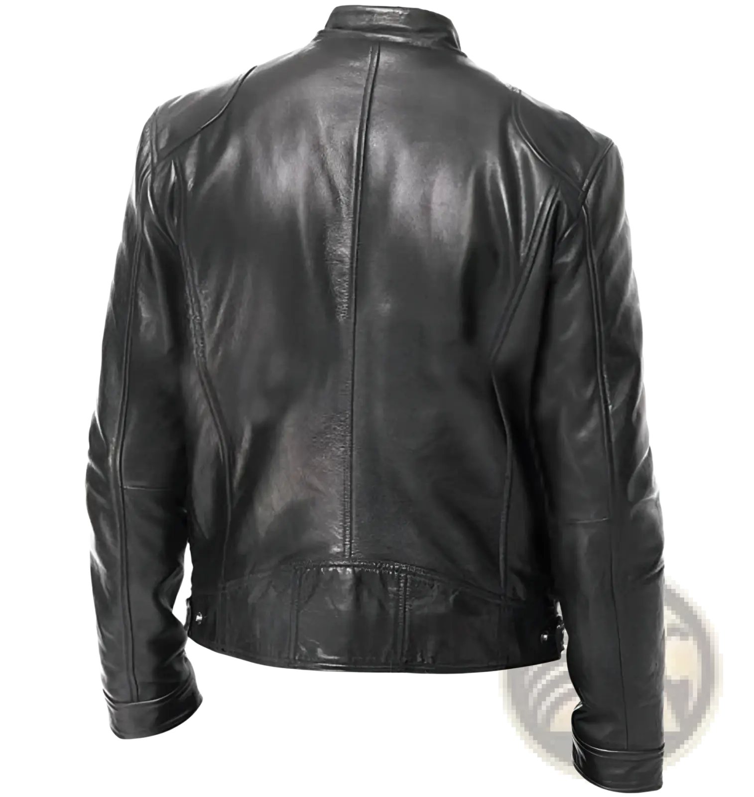 Black leather motorcycle jacket slim fit with sleek classic design and visible stitching along the seams