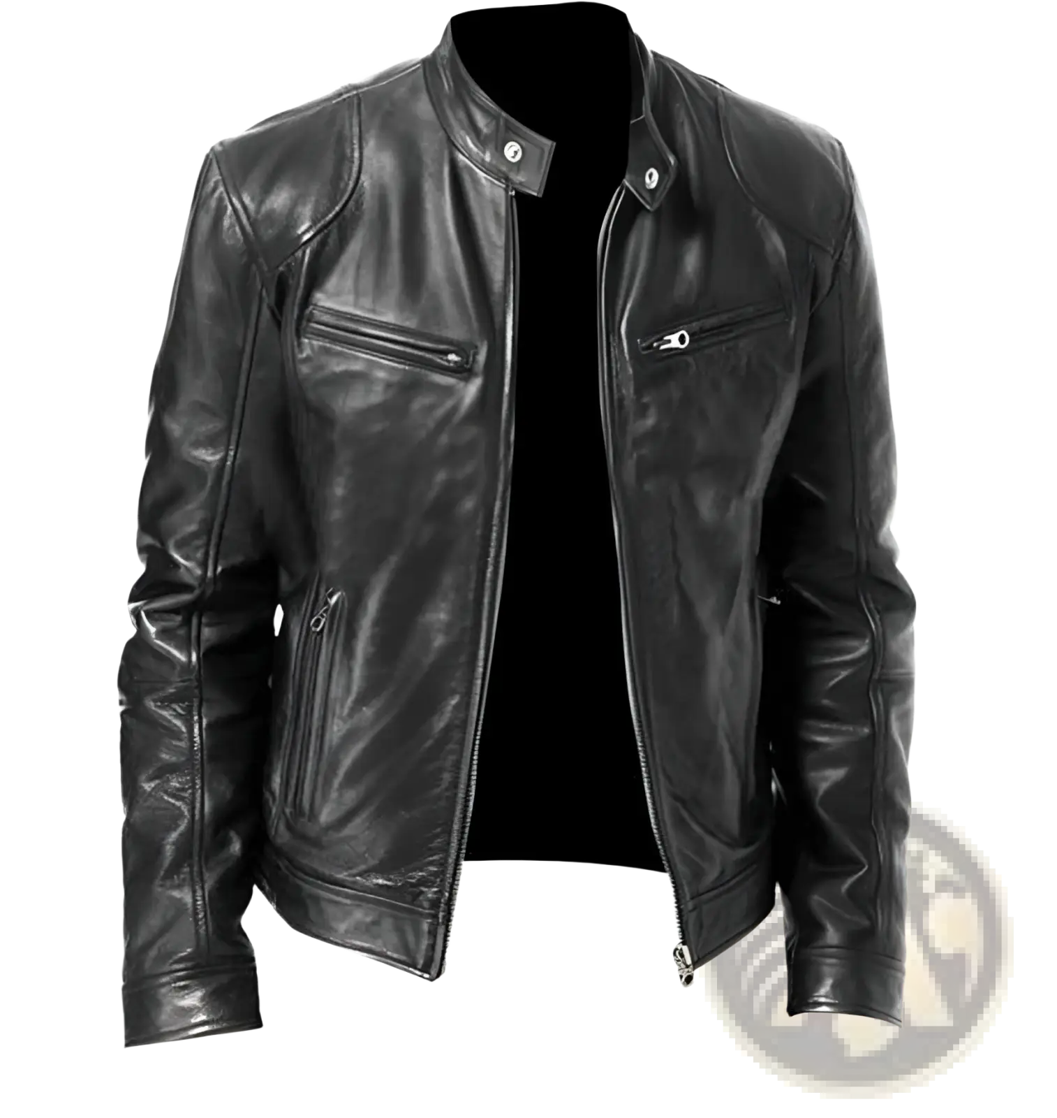 Black leather motorcycle jacket slim fit with silver zippers and snap buttons in a classic biker style