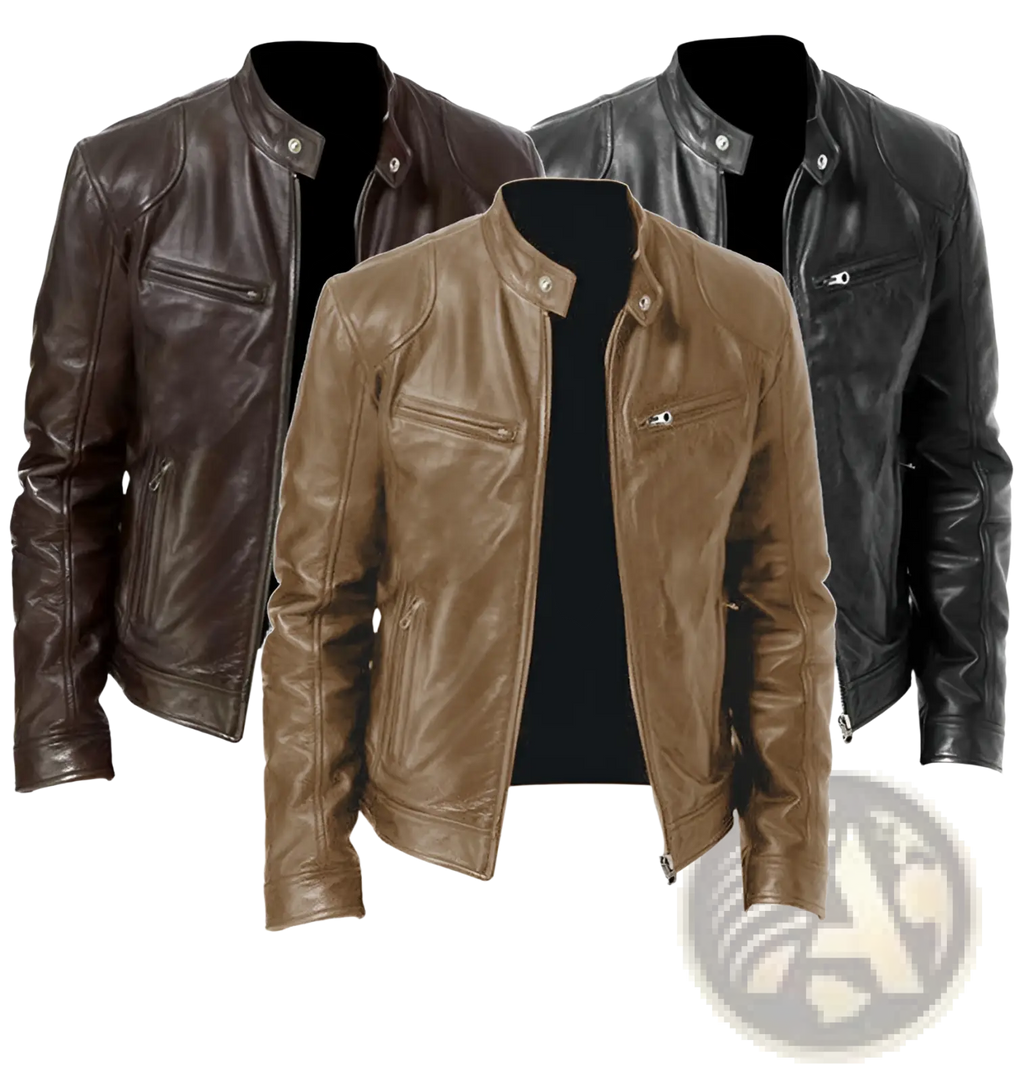 Brown leather slim fit motorcycle jacket with classic design and silver zippers for stylish protection