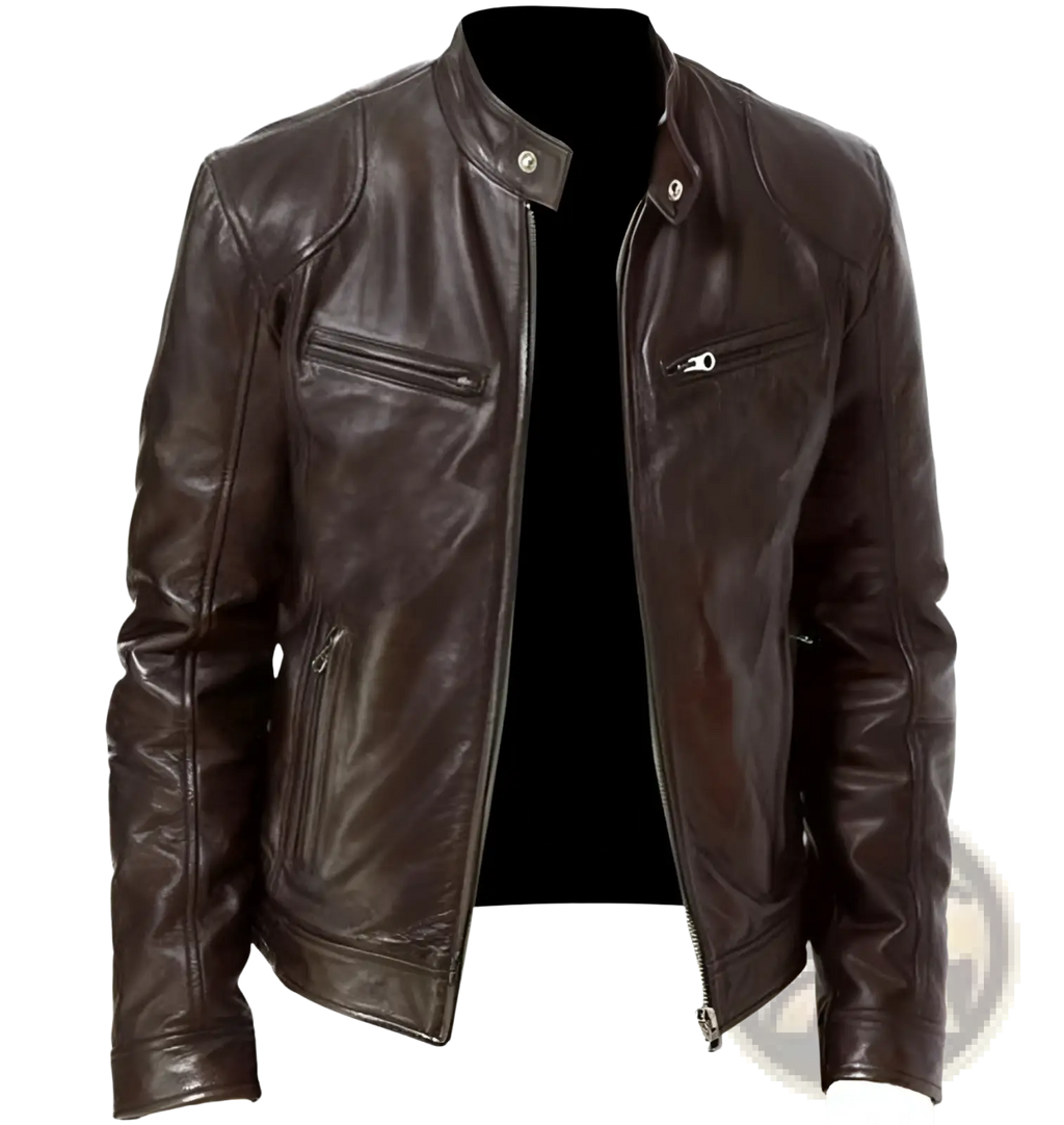Dark brown leather slim fit motorcycle jacket with silver zippers and snap buttons for a stylish look