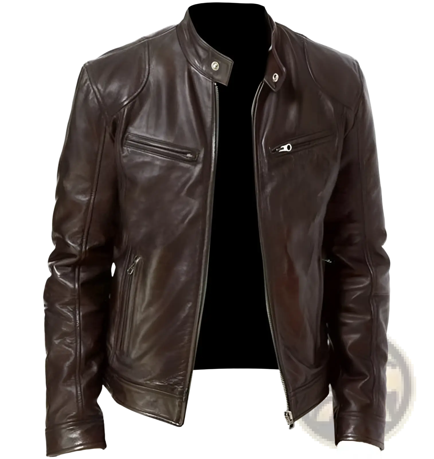 Dark brown leather slim fit motorcycle jacket with silver zippers and snap buttons for a stylish look