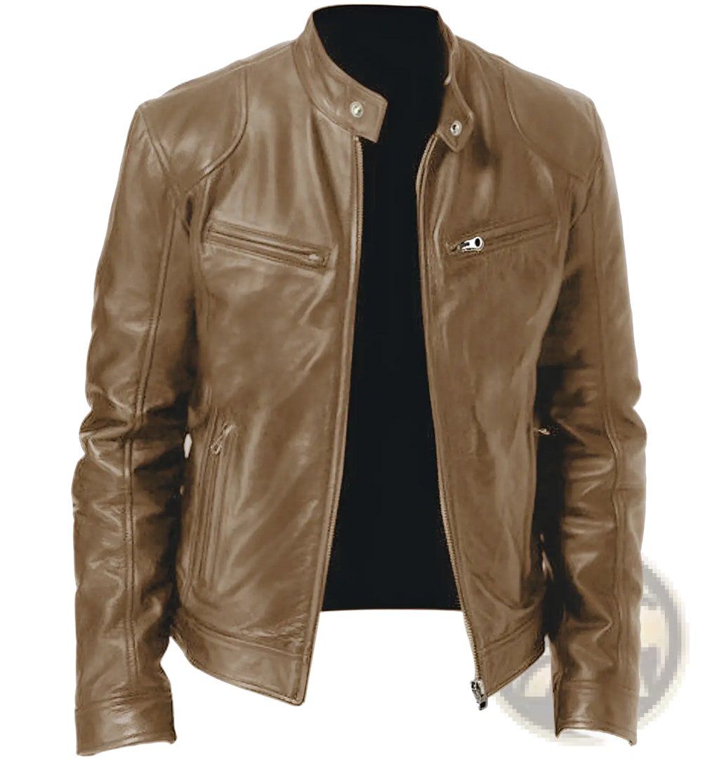 Tan leather motorcycle jacket slim fit zipper cardigan with classic design featuring silver zippers and snap buttons