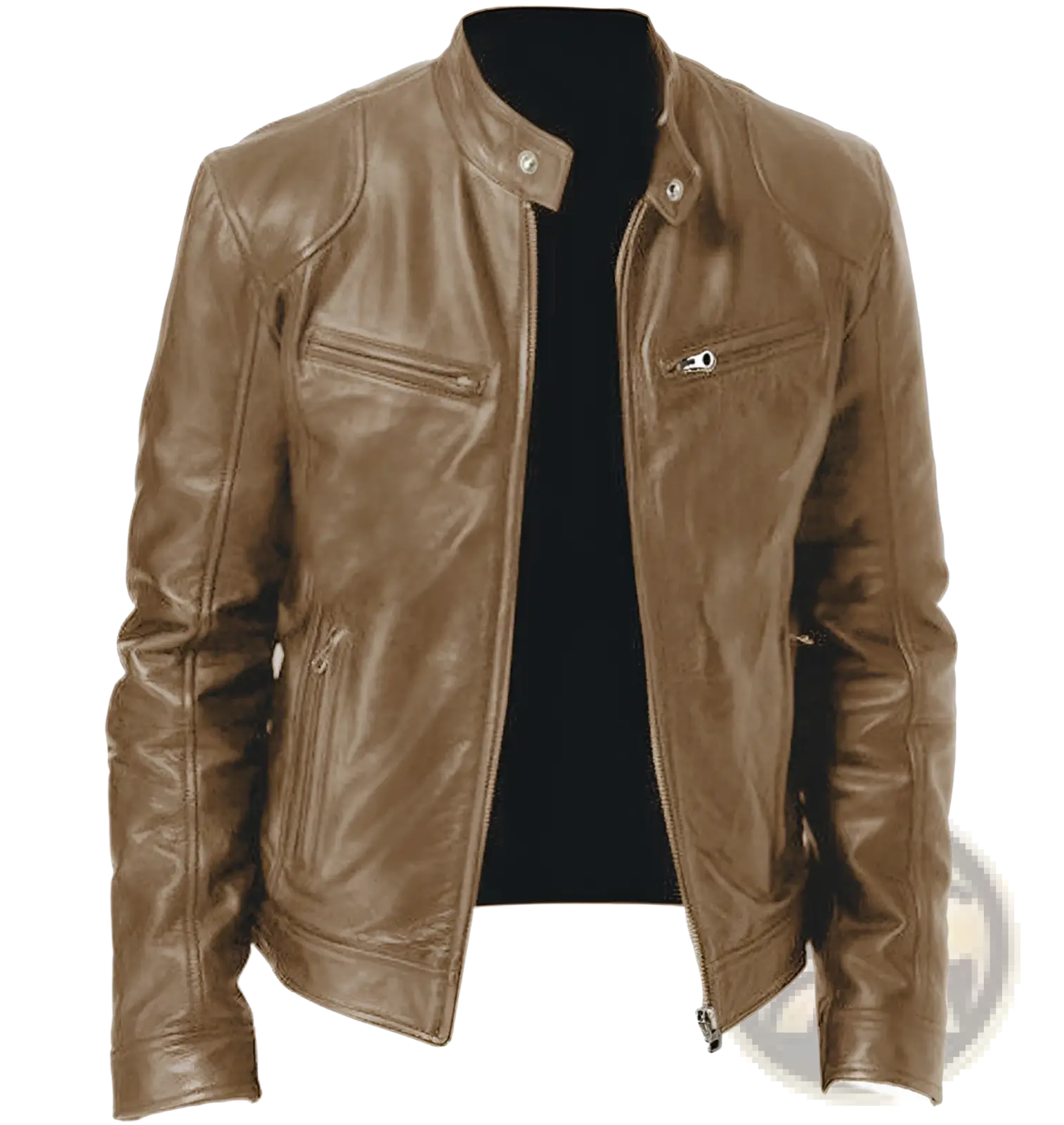 Tan leather motorcycle jacket slim fit zipper cardigan with classic design featuring silver zippers and snap buttons