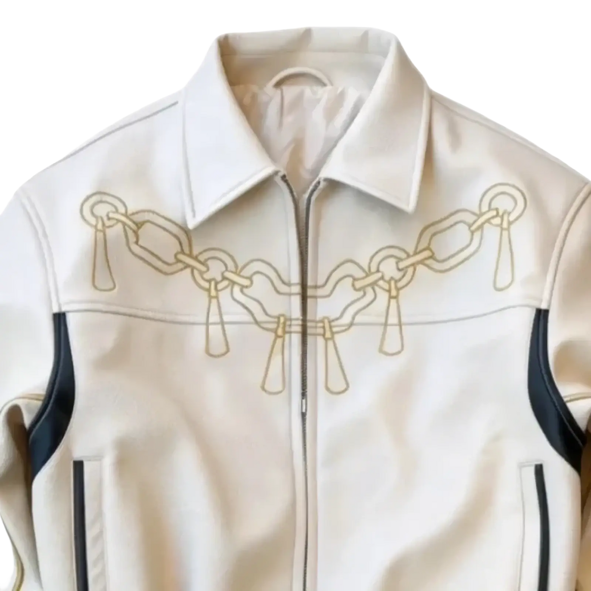 Cream-colored leather motorcycle jacket with gold chain embroidery and black sleeve panels vintage streetwear style