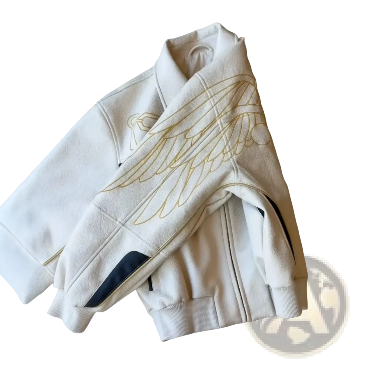 Cream-colored leather bomber jacket with gold-embroidered angel wings and black panel accents for vintage streetwear