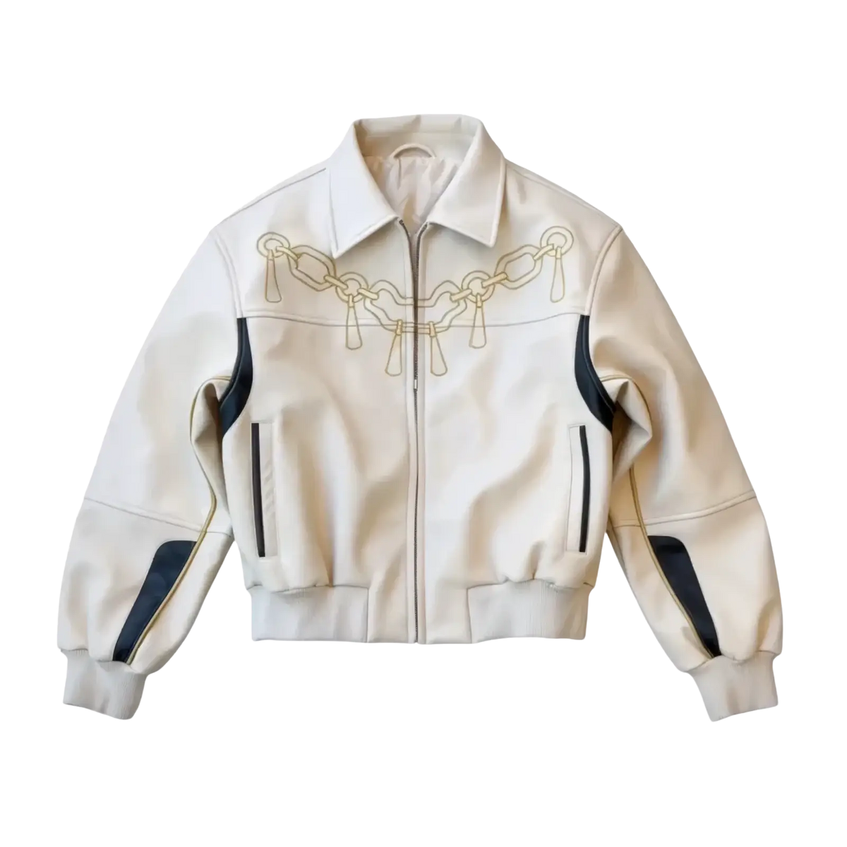 Cream-colored leather motorcycle jacket with gold chain embroidery and navy blue sleeve panels vintage streetwear