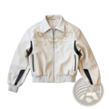 Cream-colored leather motorcycle jacket with gold chain embroidery and navy blue sleeve panels vintage streetwear