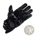 Black leather motorcycle racing glove with reinforced padding and perforated sections for ventilation on the back side