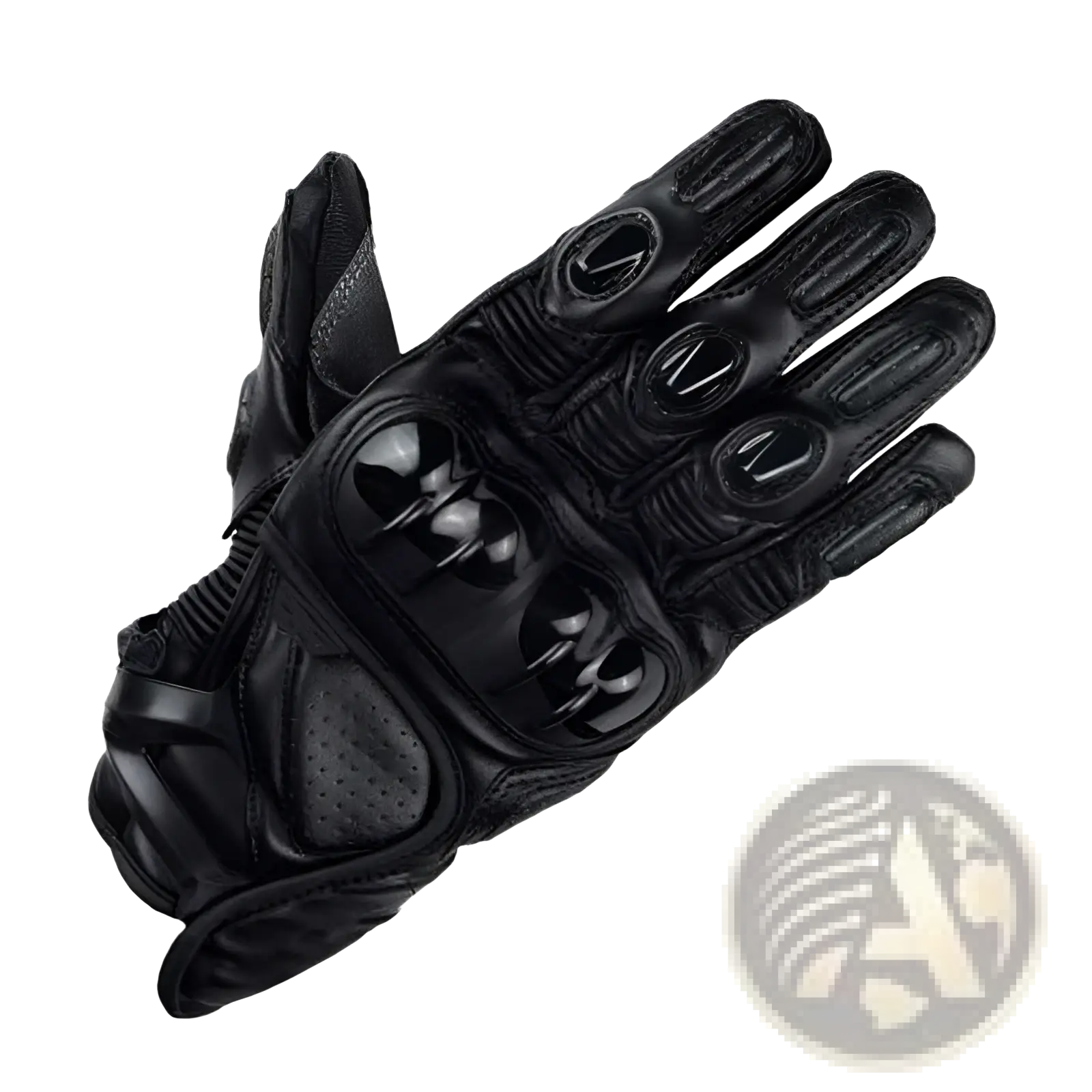 Black leather motorcycle racing glove with reinforced padding and perforated sections for ventilation on the back side