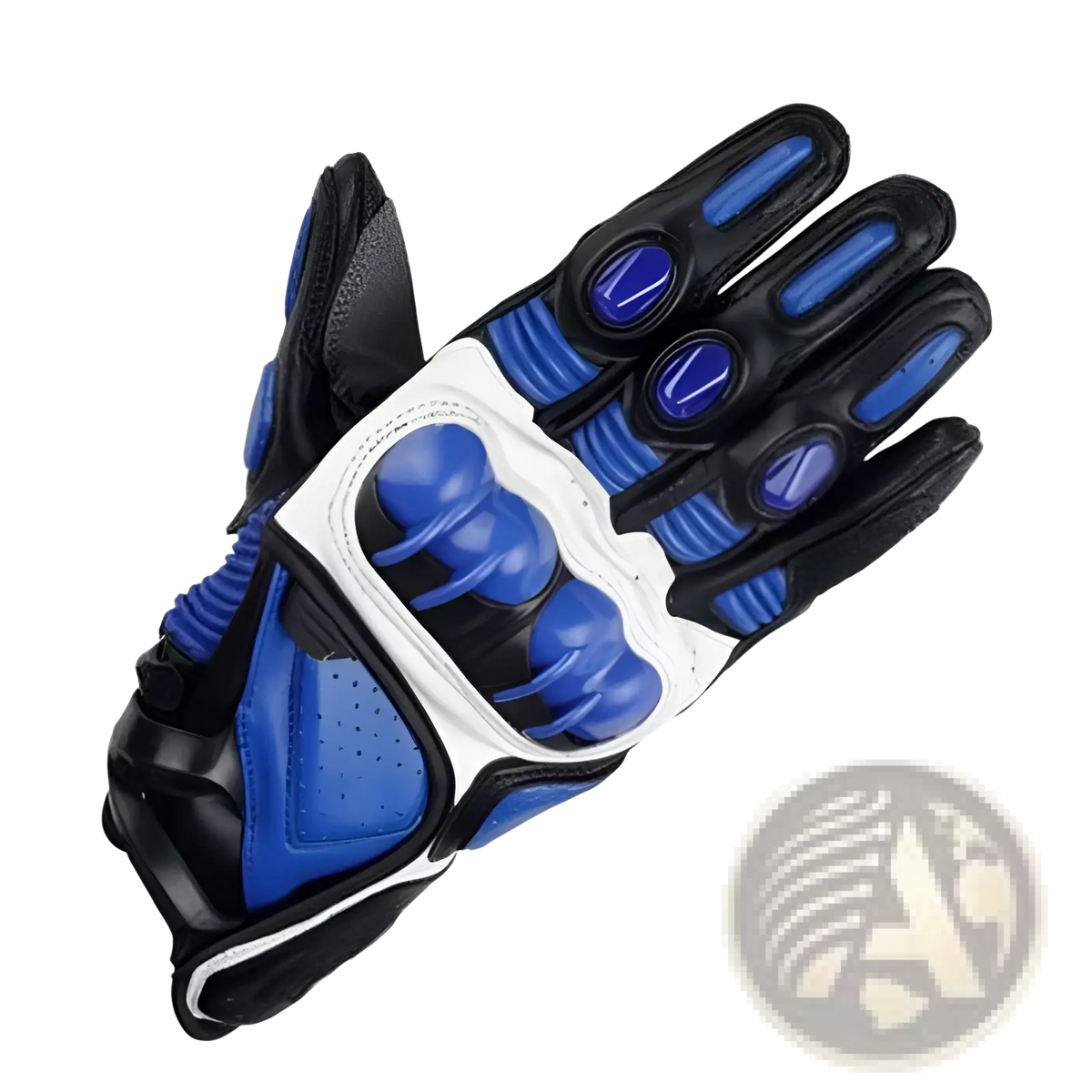 Blue and black leather motorcycle racing glove with white accents padded knuckles reinforced fingers ventilated padding back view