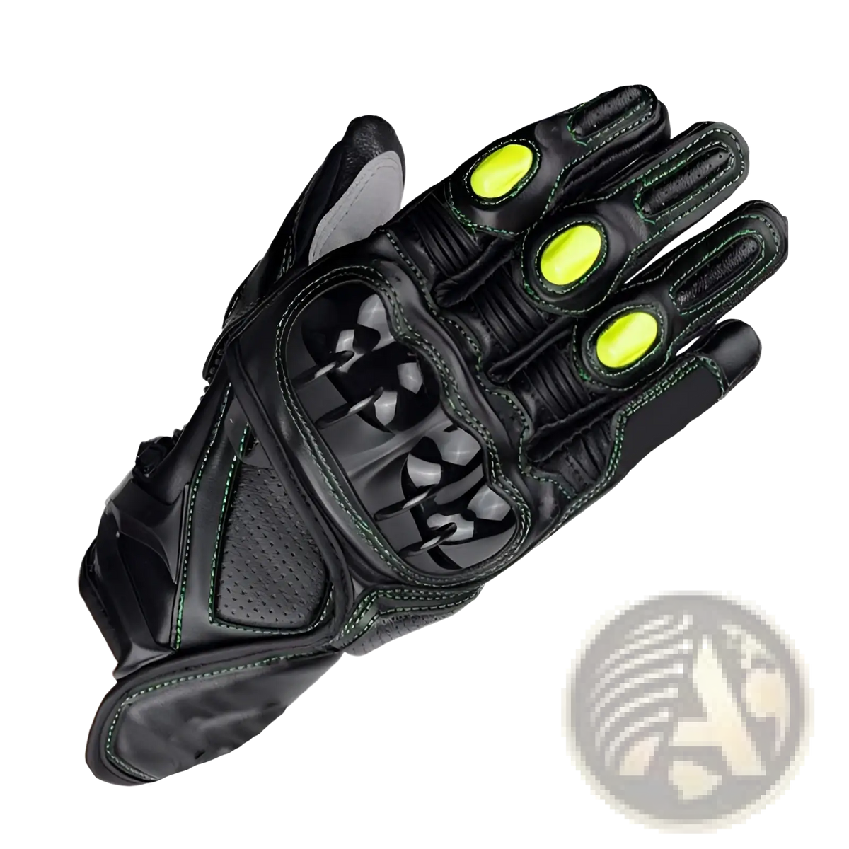 Black leather motorcycle racing glove with ventilated padding and neon green knuckle and finger accents back side view