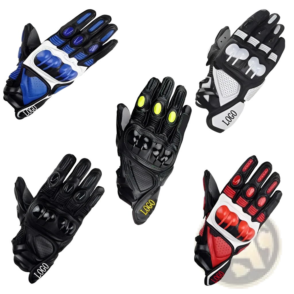 Leather motorcycle racing gloves with ventilated padding in black blue yellow and red shown from the back side